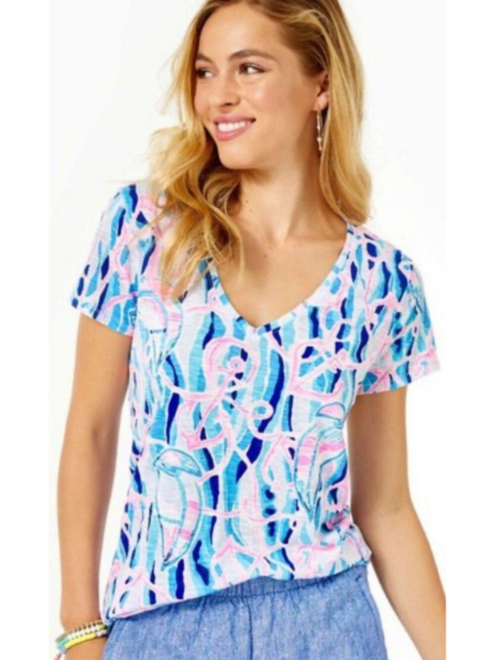 Lilly Pulitzer Etta V-Neck Cotton Top Blue Women's Size Medium